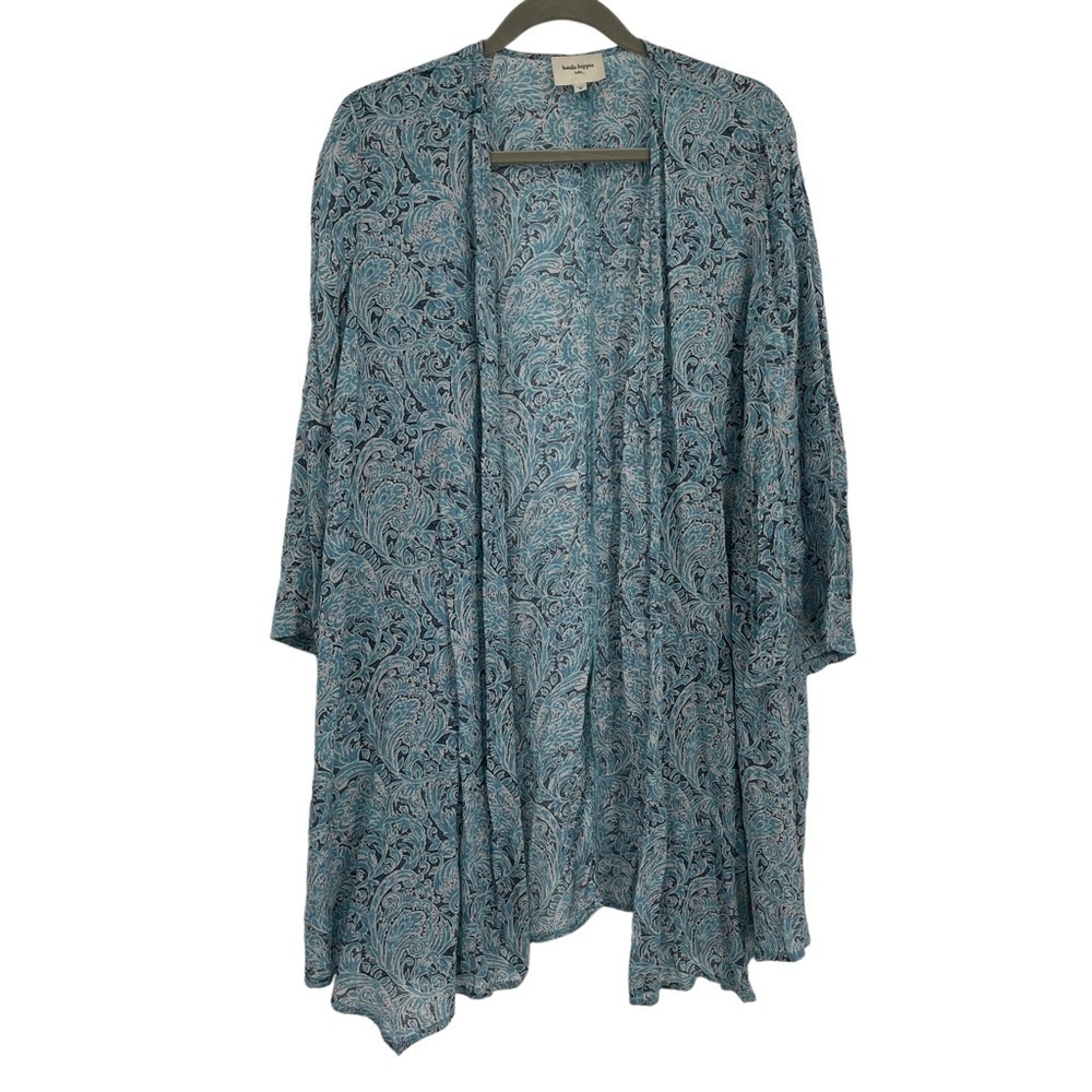 Haute Hippie Womens M Blair Printed Open Front Cardigan Kimono Blue Longline
